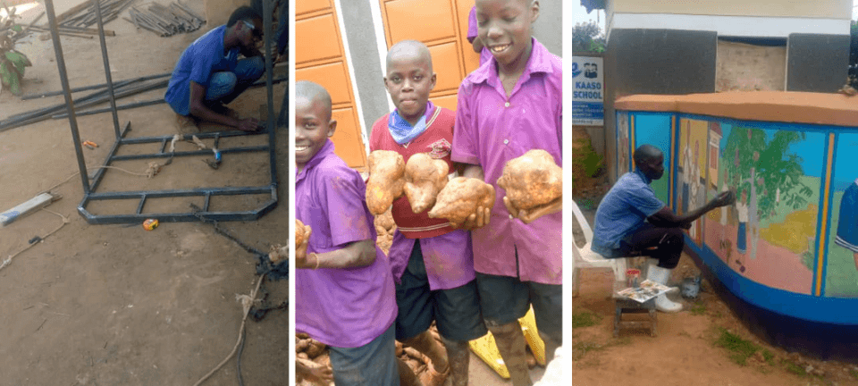 From left: Bunk-bed making, students harvesting potatoes from the school garden, and painting the school walls